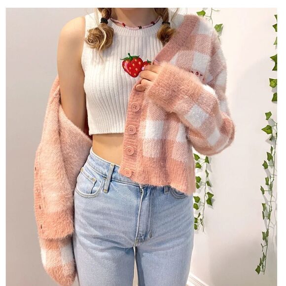 Harry’s Hidden Angels Cherry Fuzzy Cropped Cardigan Sweater Peach XL Gingham - Picture 2 of 11